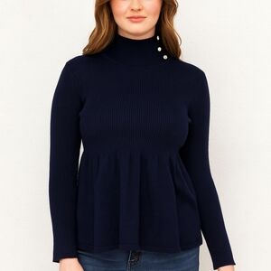Pure Luck Navy Ribbed Mock Turtleneck Baby Doll Sweater Silver Button Detail